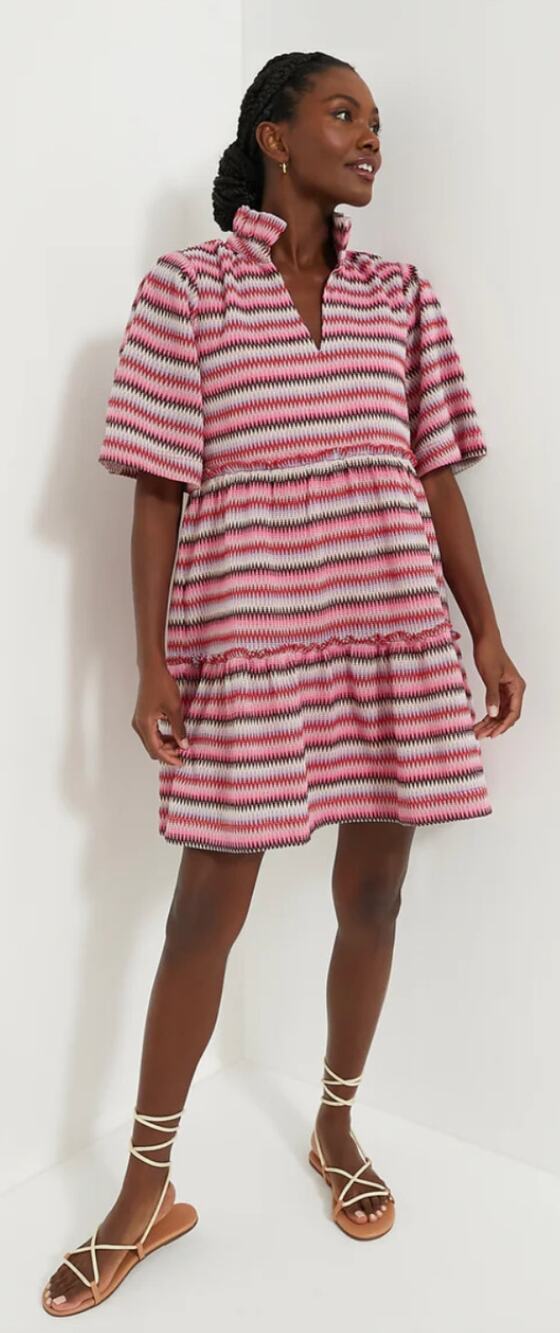 Tuckernuck Crawford Pink Zigzag Stripe Knit Mini Dress Ruffle Neck Short Sleeve